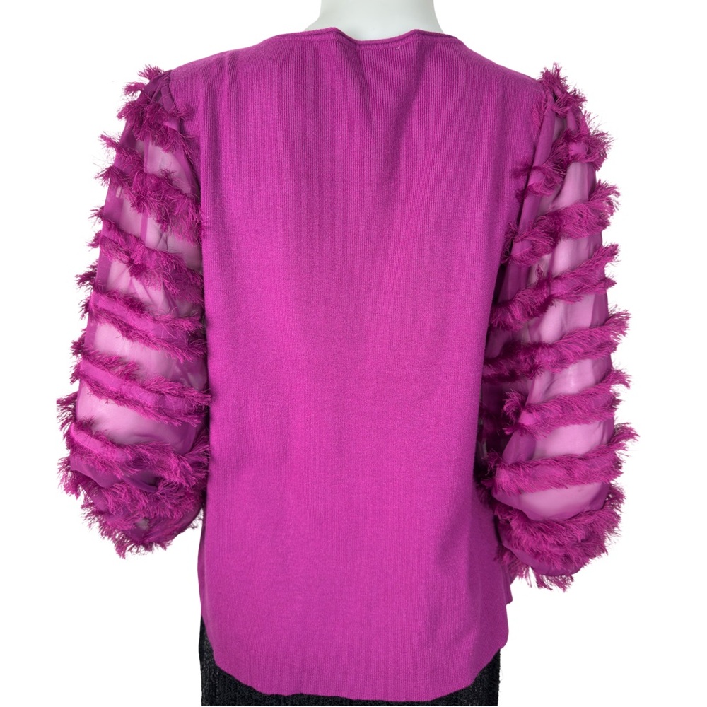 Sioni Fuchsia Fringe Trim Bishop Sleeve Sweater Size L - Picture 3 of 8